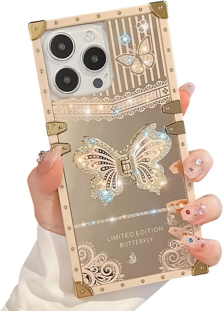 Cute Compatible with iPhone 15 Pro Max Case with Luxury Bling Glitter Butterfly Foldable Stand Kickstand,Glitter Soft PC Mirror Bumper Protective Cover for Women & Girls(Light Gold)