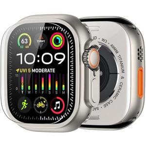 amBand for Apple Watch Ultra 2/Ultra Screen Protector 49mm, W1 Metal Case Rugged Bumper Titanium Frame + 9H Tempered Glass Film + Ceramic-Like Back Cover, Keep Original, Waterproof, Natural Titanium