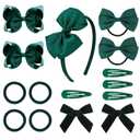 DEEKA Dark Green Uniform 15 Pieces Hair Accessories Set - Hair Bows, Hair Clips, Headband, Hair Ties for Little Toddler School Girls