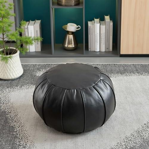 Louis Donné Round Unstuffed Faux Leather Pouf Ottoman Cover, Portable Indoor Outdoor Foot Rest Cover with Invisible Zipper, Sturdy Footstool Cushion Case for Home Patio Balcony Daily Use, Cover Only