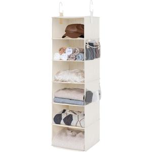 StorageWorks 6-Shelf Hanging Closet Organizer, Hanging Shelves for Closet, Fabric, Mixing of Beige, White & Ivory, 12" D x 12" W x 47 12" H