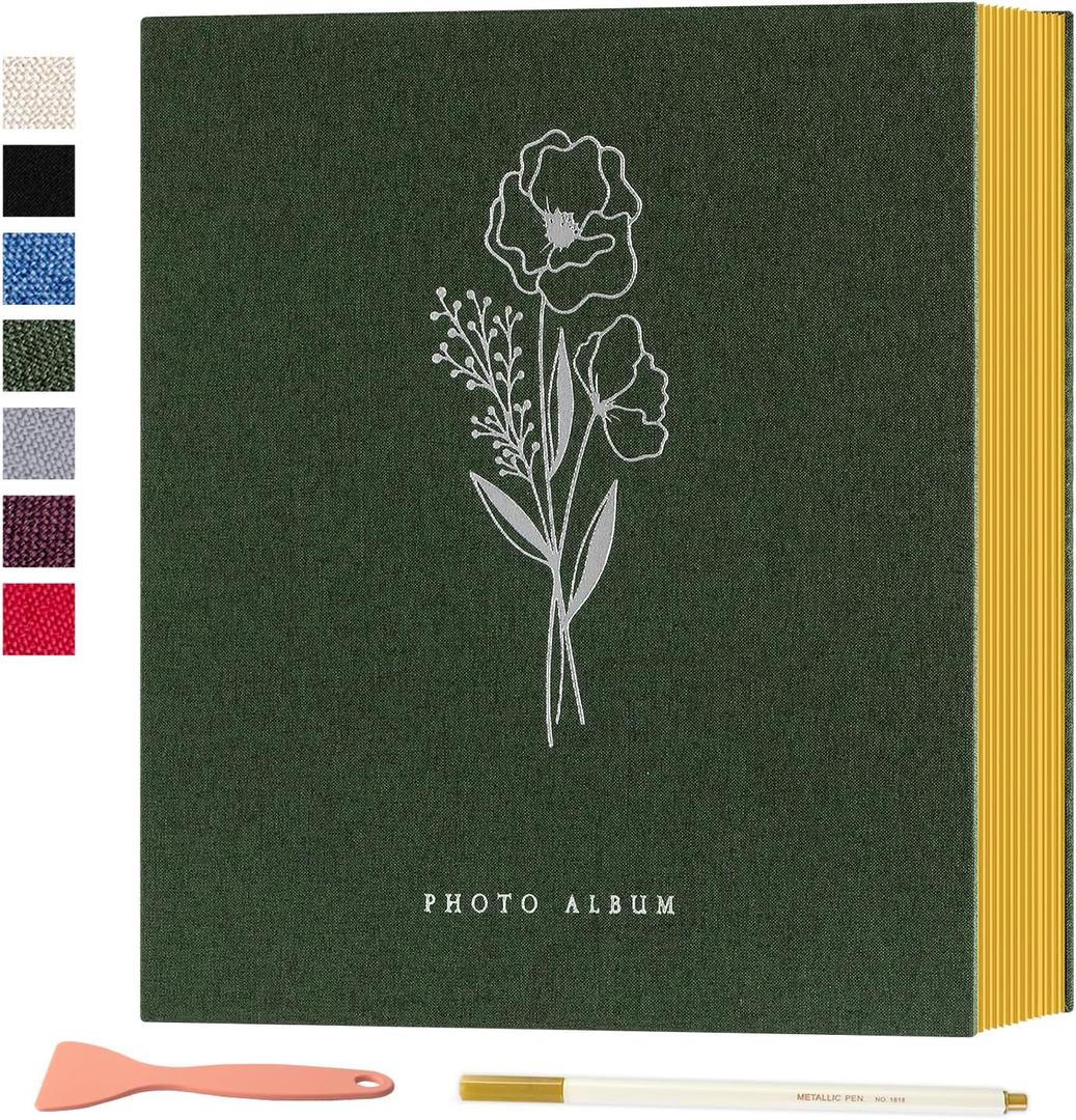 Lanpn Self Adhesive Photo Album Scrapbook 80 Pages, Linen Photos Albums DIY Sticky Magnetic Pages Holds 4X6 7x5 A5 Picture for Family Wedding Birthday (Large-40 Sheets/80 Pages, Green)