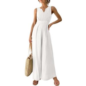 ANRABESS Jumpsuits for Women Summer Dressy Casual Linen Romper Sleeveless V Neck High Waist Wide Leg Beach Vacation Outfits White Small