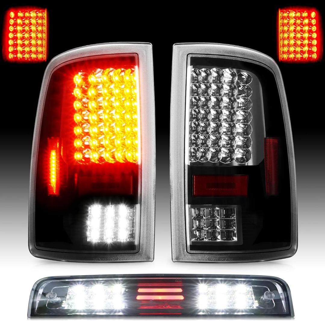 Tail Lights Assembly [LED Kit] + 3rd Third Brake Cargo Lamp Fit for Dodge Ram 1500 2009-2010, 2500 3500 2010, for Ram 1500 2500 3500 2011-2018 (Only Fit Factory Halogen Version and 921 Reverse Bulb) (Clear Lens)