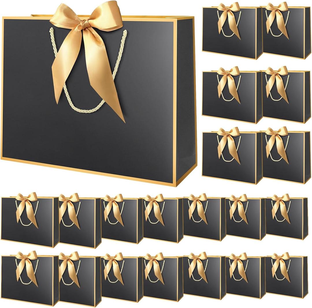 MelonArt Gift Bags with Handles, 15PCS Large Thank You Gift Bag 11.8 x 10 x 4'', Party Favor Wrap Bags Bulk with Bow Ribbon for Wedding Bridal Shower Birthday (Black and Gold)