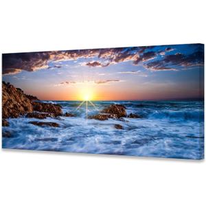 Muolunna S05862 Wall Art Decor Canvas Print Picture Sunset Blue Ocean 1 Panel Sea Waves Scenery Painting Artwork for Office Wall Decor Home Decoration Stretched and Framed Ready to Hang 24x48inch