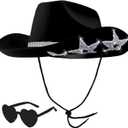 Cowboy Hats with 6 Sequins Stars & Tiara Belt for Women Rodeo Party Hats with Heart Shaped Sunglasses (Black)