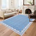 GarveeHome Scalloped 8x10 Rug for Living Room Washable Non-Slip Solid Blue Modern Minimalism Low-Pile Carpet 8 x 10 Rug for Bedroom Dining Nursery Mat with Rubber Back