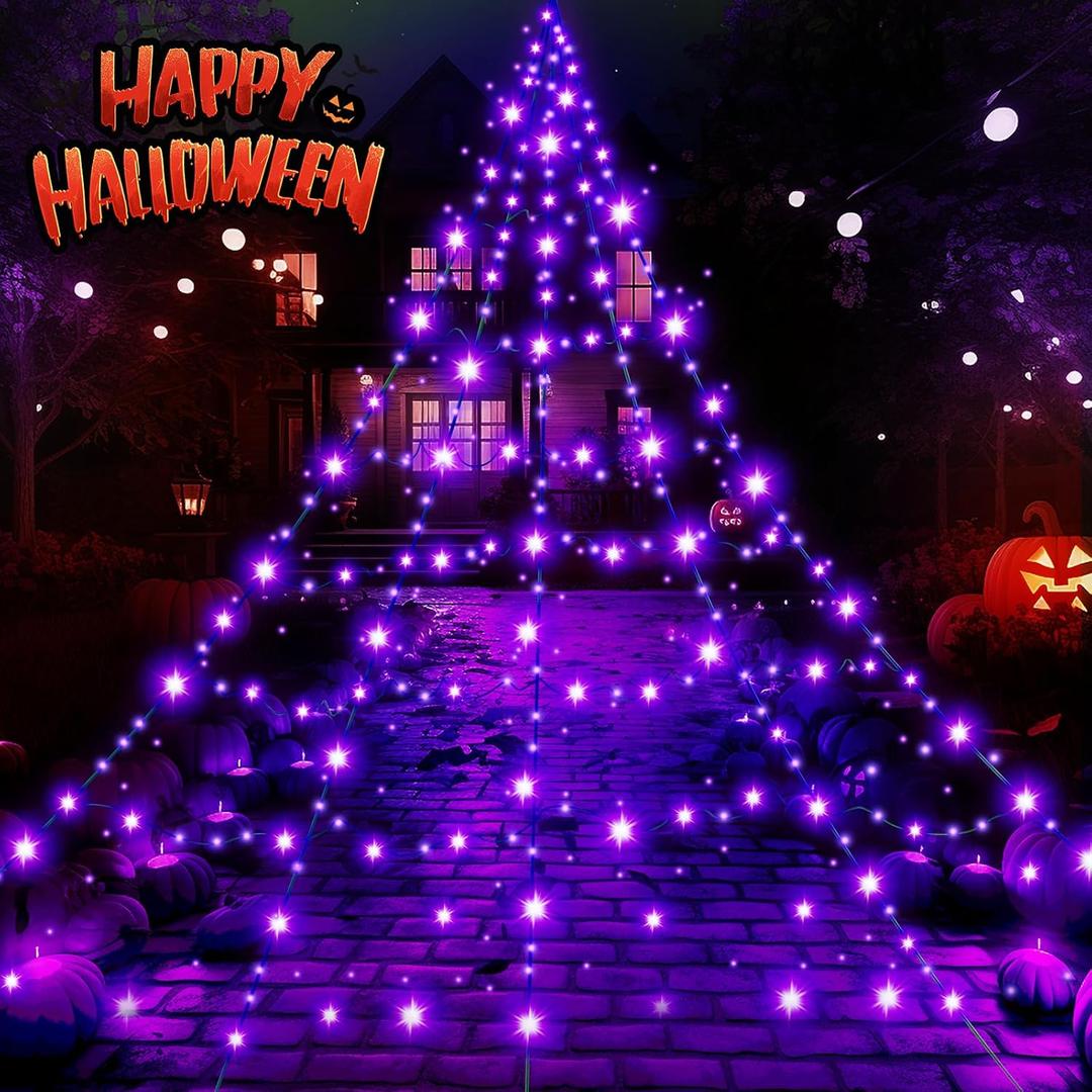 Thanksgiving Decorations Outdoor Giant Spider Web Lights,23ft x 18ft Black Spider Web with 500 LEDs Purple,Waterproof for Christmas Decorations and 8 Modes. (Black Nylon Rope and Purple LED Lights) 