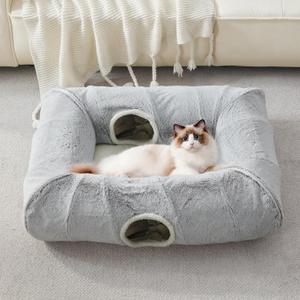 WINDRACING Cat Tunnel Bed for Indoor Cats - Cute Cat Tunnel Toy, Equipped with Washable mats, Square pet Hide and Seek cat cave Toy, Suitable for Kittens/Puppies/Rabbits, (Grey XL:39"X30"X11")