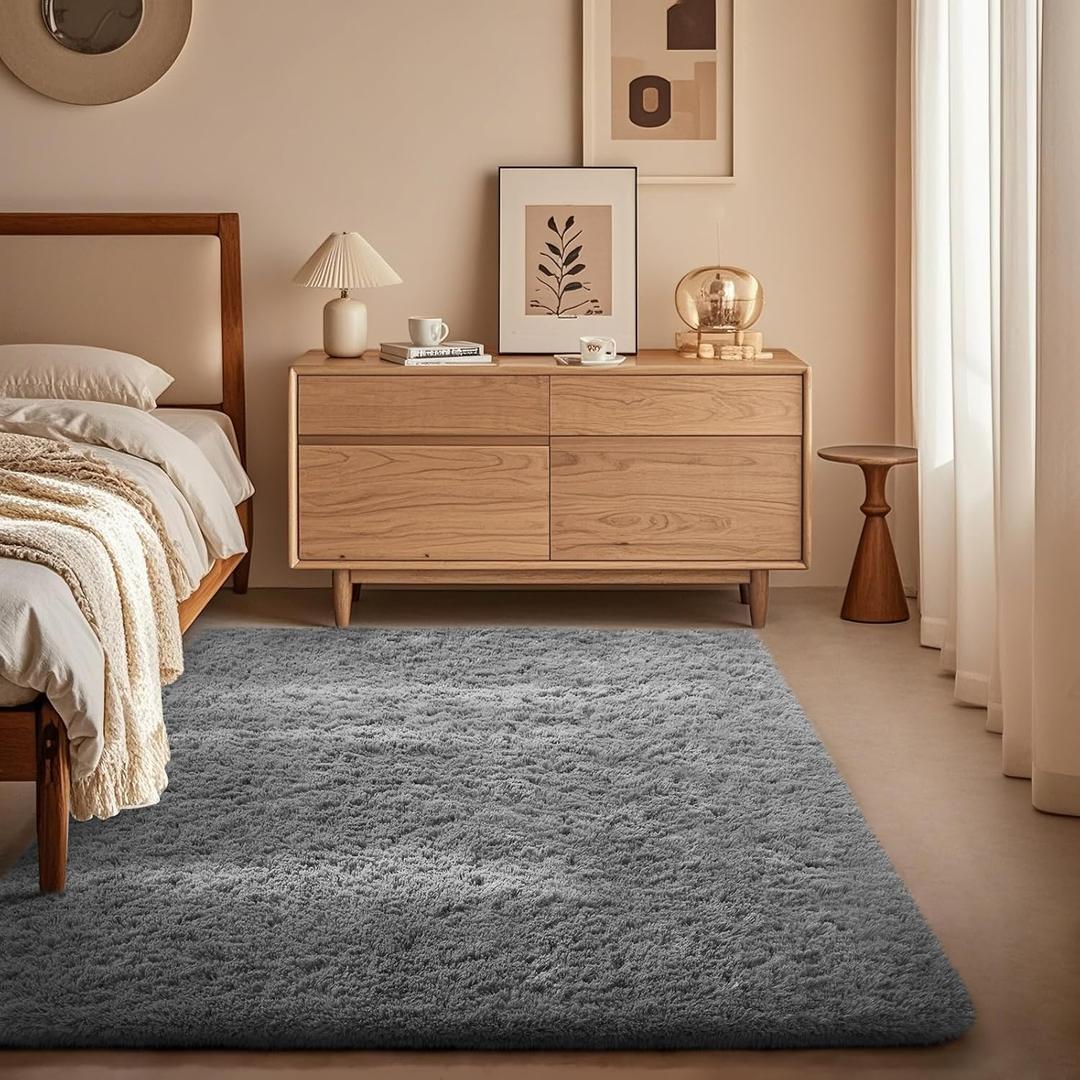 Ophanie 3x5 Rug, Bedside Preppy Dorm Area Rug, College Essentials Non Slip Grey Small Carpets for Bedroom, Anti Slip Fluffy Gray Living Room Rugs Home Decor Aesthetic, Nursery