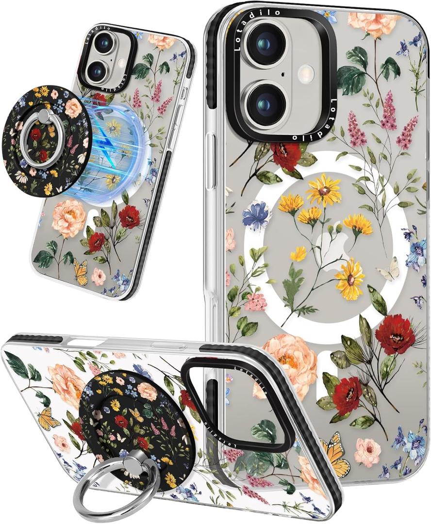 Case for iPhone 16 Plus Case Compatible with Magsafe Ring Holder Stand - for Women Retro Flower Design TPU Phone Cover for Girls Girly Funny Fashion