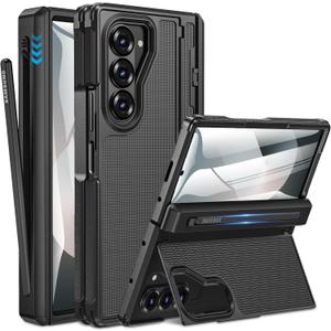 Caka for Samsung Galaxy Z Fold 6 Case [Thinner S Pen Holder] [Hidden Kickstand] [Hinge Protection] [Screen Protector] Full Body Hard Shockproof Phone Cover with Anti-Slip Textured for Fold6 - Black