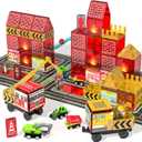 Magnetic Tiles for Kid, 56PCS Construction Magnet Tiles with Fire Truck & Station, Building, Road, Crane, and Car Truck - STEM Magnetic Blocks for Kids Ages 4-8, Toys for 4+ Year Old Boys Gifts