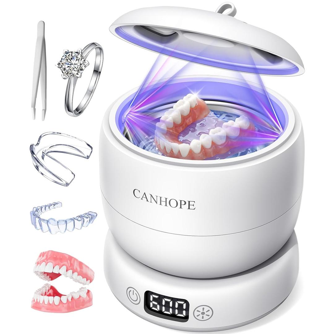 Ultrasonic Retainer Cleaner Machine, 42kHz Professional for Dentures, Aligners, Mouth Guards, Jewelry - IPX7 Waterproof Durable Removable Base and Top Cover, 3 Timer Settings, Quiet White