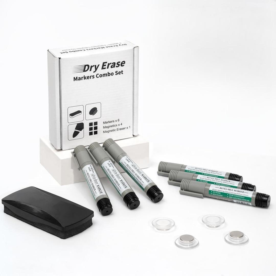 2 x Dry Erase Markers Set (11-Piece Set) Fine Tip Dry Erase Markers Includes 6 whiteboard markers, 4 strong magnets, and 1 whiteboard eraser; dry-erase markers (black)