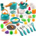 60Pcs Kids Mini Play Kitchen Accessories, Pretend Cooking Play Set with Cookware, Tableware & Fruit & BBQ Sets, Learning Gift for Boys, Girls, Toddlers, Green
