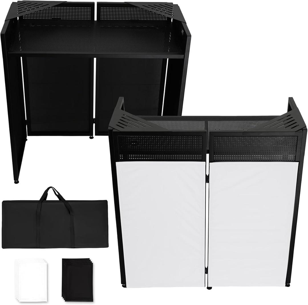 Neoaider DJ Booth Table Station w/2 Storage Triangular Panel, DJ Facade Booth with Black & White Scrims, Detachable DJ Table, Carrying Bag, Foldable Metal Frame DJ Booth Panel for Show, Wedding, Clubs