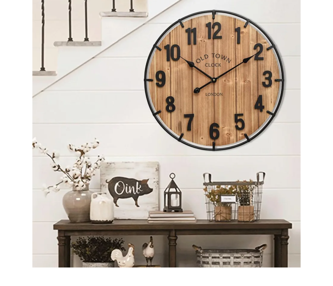 Large Old Town Farmhouse Wall Clock 24 Inch Rustic Antique Wood with Metal Circle and Large Numerals Silent Battery Operated Wall Clock for Office Kitchen Bedroom Living Room
