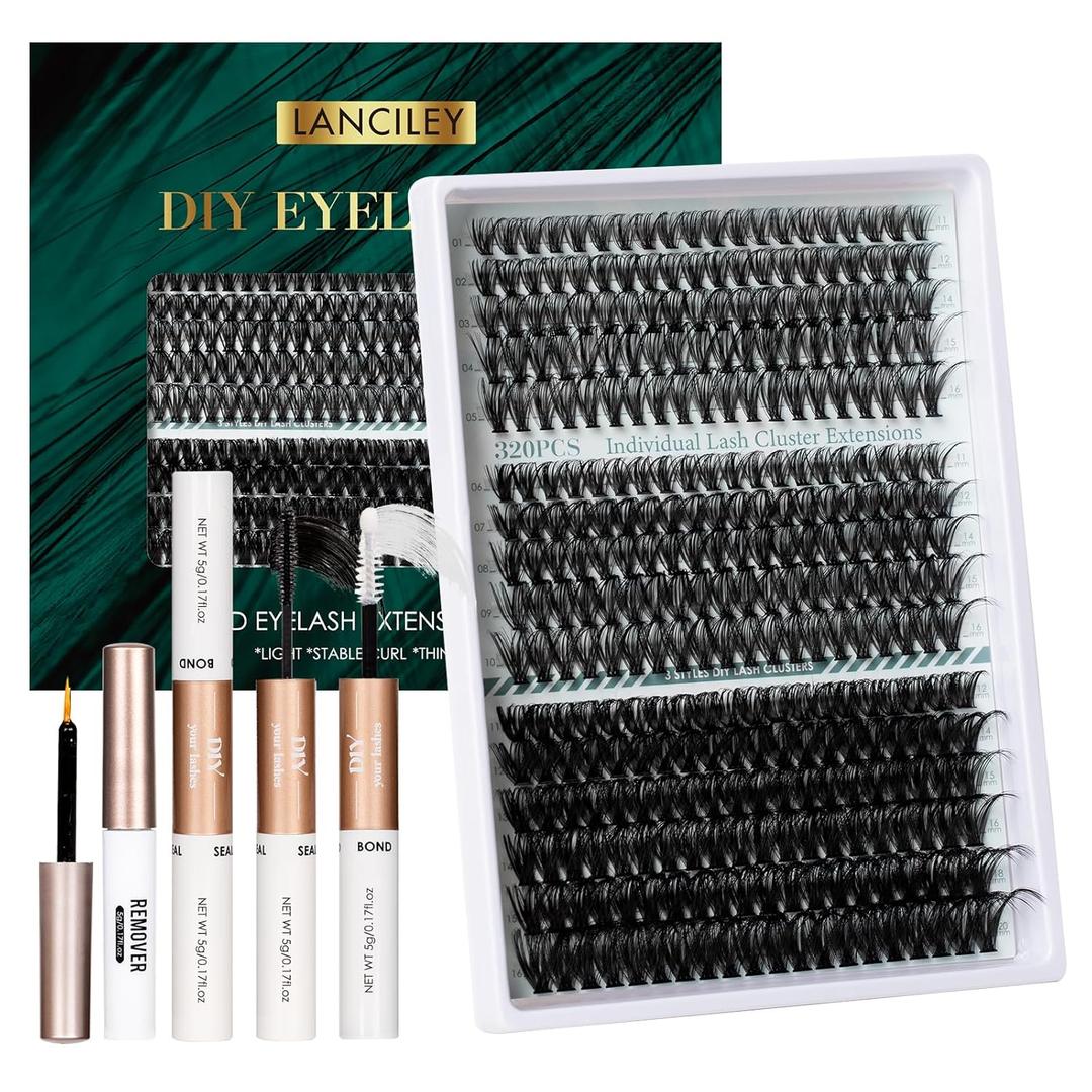 Lash Clusters Kit 320PCS 11-20MM 40D 50D 100D Thick Volume Cluster Eyelash Extensions Natural Volume Lashes D Curly Eyelashes DIY Lash Extension Kit with Lash Bond + Seal + Remover + Tweezers-3