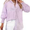 Women's Striped Button Down Shirts Long Sleeve Smocked Cuffed Oversized Boyfriend Blouses Collared Work No Pockets Tops SMALL