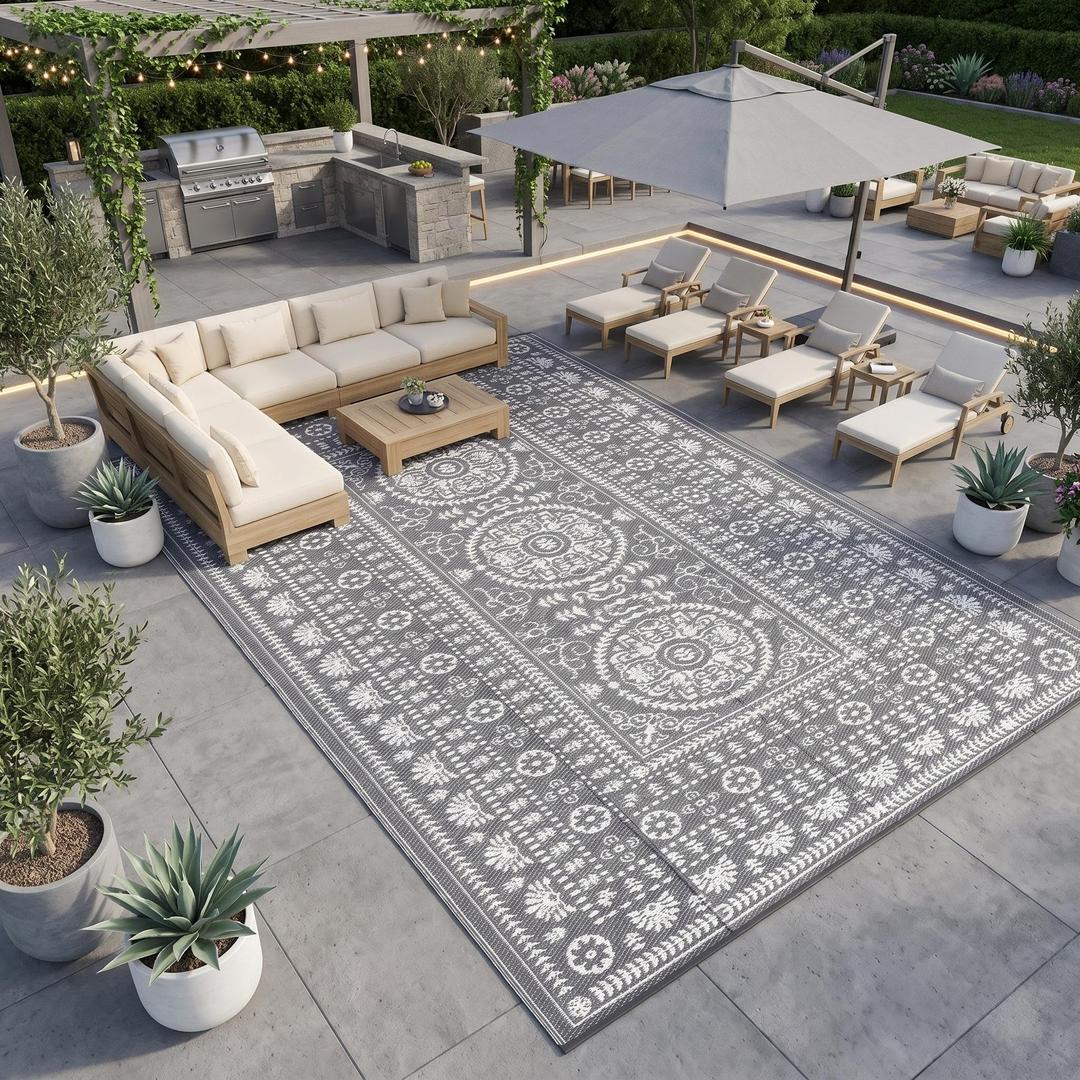 Garvee Reversible Outdoor Rug 9x18 for Patio, Waterproof Outdoor Area Rug, Modern Medallion Indoor Outdoor Rugs, Plastic Straw Rug for RV, Camping, Deck, Vintage Grey