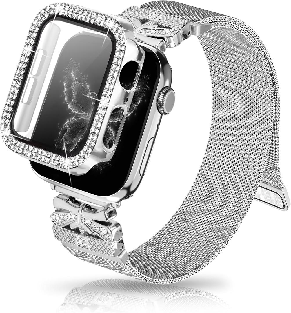 Magnetic Band for Women Compatible with Apple Watch Band 38mm 40mm 41mm 42mm 44mm 45mm 46mm Milanese Stainless Steel Loop with Bling Protective Case, Dressy Metal Strap Replacement iWatch Band
