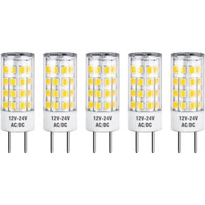 Maelsrlg GY6.35 LED Bulb, 4W(50W Equivalent), 12V-24V AC/DC, Warm White 3000K, 500 Lumens, T4 Type GY6.35 Bi-Pin Base Light Bulbs for Landscape Lighting, Pendant Light, Non-Dimmable, Pack of 5