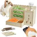 Hamiledyi Guinea Pig & Rabbit Hay Food Bin Feeder with Water Bottles & Wooden Hay Rack for Small Animals