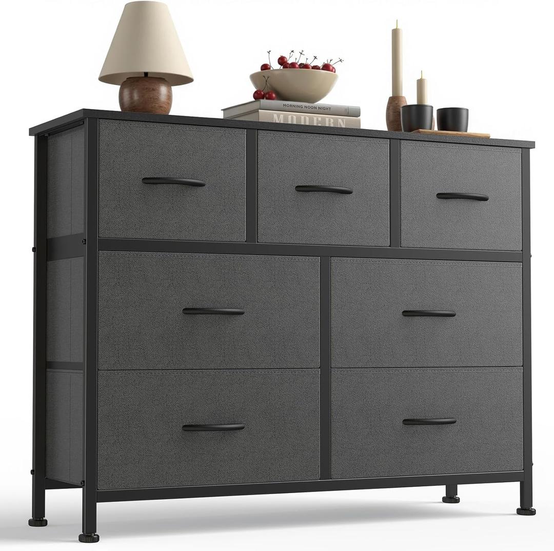 Sweetcrispy 7 Drawer Dresser with Fabric Bins Fabric Storage Tower Organizer for Bedroom Closet Hallway Entryway Tall Chest of Drawers with Steel Frame Wood Top Easy Pull Handles,Dark Gray (11.8"D x 39.3"W x 30.3"H (7 Drawers), Grey)