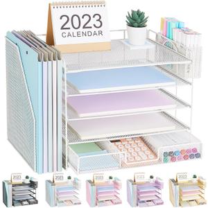 Desk Organizer with File Holder, 5-tier Paper Letter Tray File Organizer with Drawer and Pen Holder, Desk Organization Office Desk Accessories for School Office Supplies Storage(White)