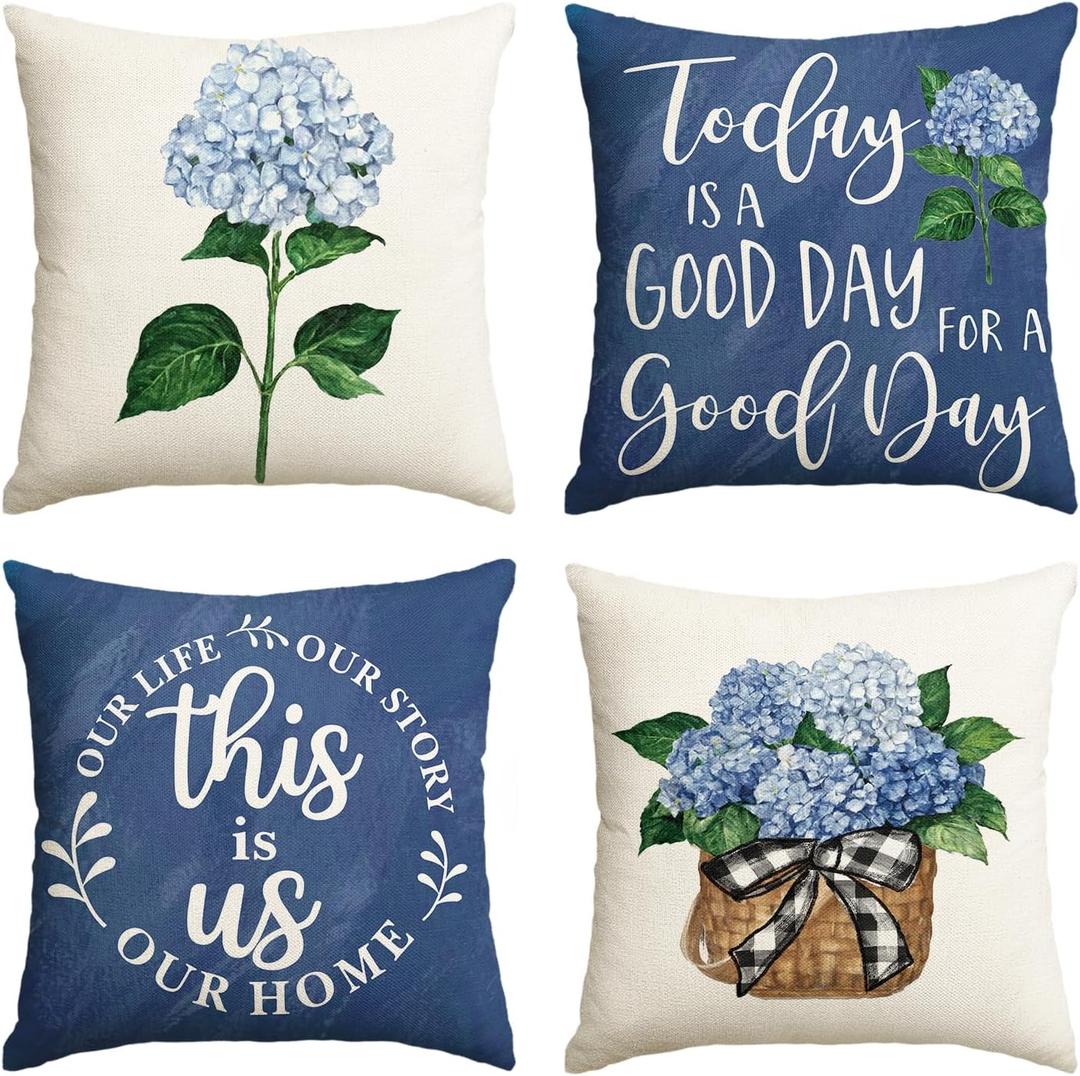 AVOIN colorlife Blue Hydrangea Spring Summer Throw Pillow Covers, 16 x 16 Inch Today is A Good Day Dark Blue Cushion Case Decoration for Sofa Couch Set of 4