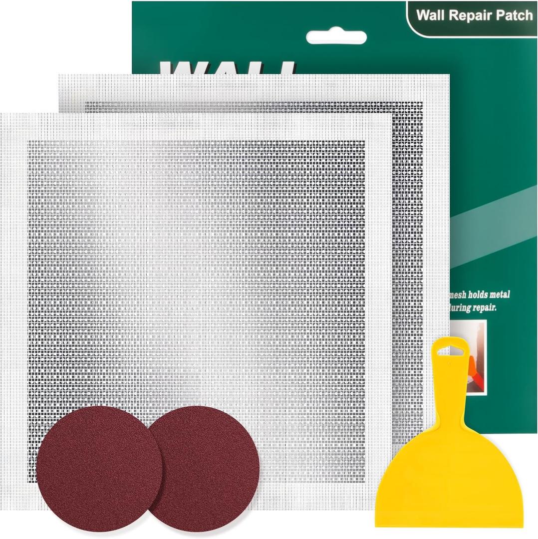 12 X 12 Inch Drywall Repair Kit - Heavy Duty Self-Adhesive Mesh Drywall Repair Patch for Large Holes in Wall and Ceiling, Wall Patch Repair Kit with Scraper and Sandpaper - Dry Wall Patch Kits