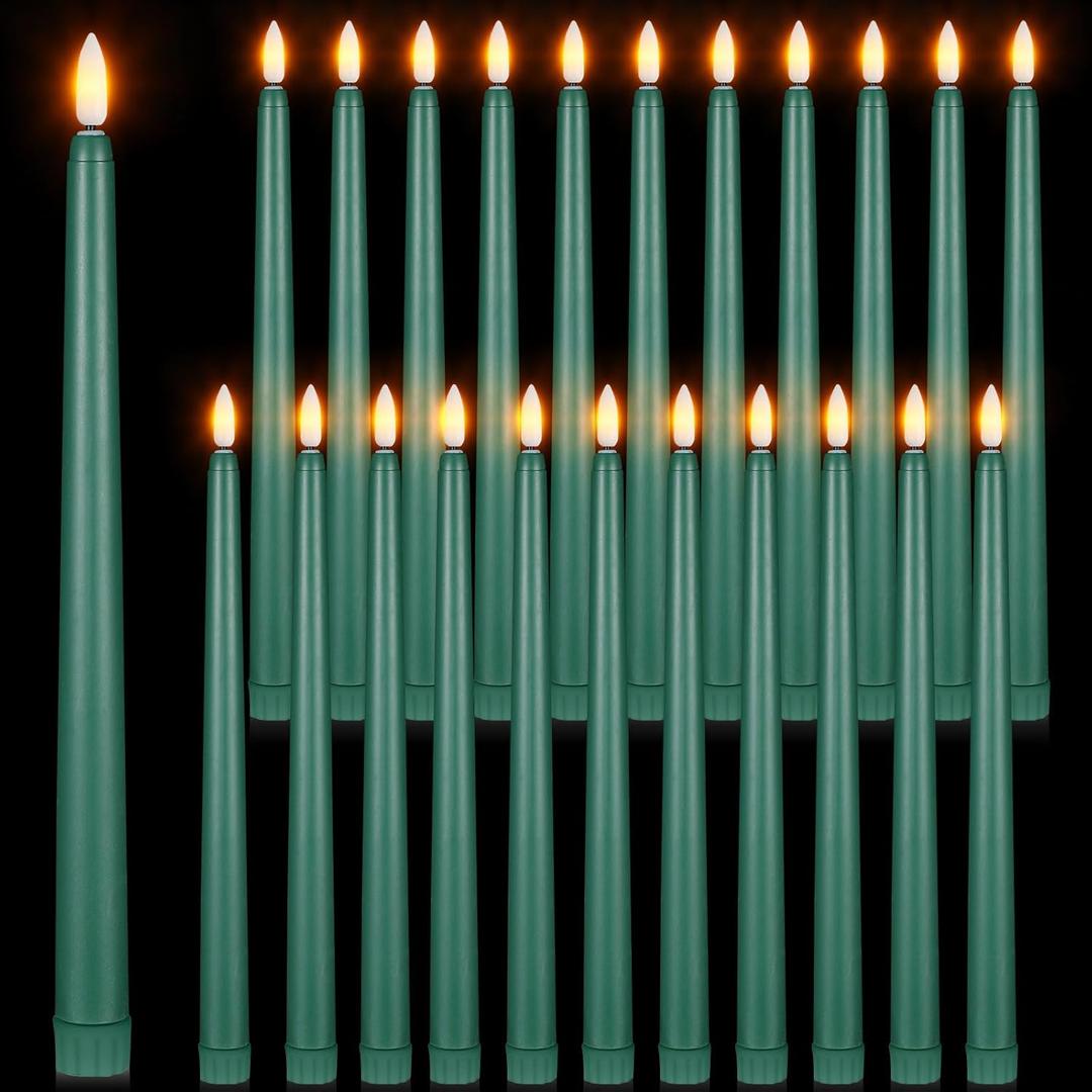 Macarrie 24 Packs Flameless Taper Candles Battery Operated Fake 11 Inch Long Candlelight LED Flameless Candlesticks Flickering Tapered for Christmas Church Prayer New Year Wedding(Green)