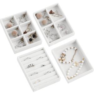 Frebeauty Small Jewelry Tray Set,Stackable Velvet Jewelry Organizer Tray,Mini Jewelry Drawer Organizer,Drawer Inserts,4.92 x 3.74 x 0.9 Inches,Earring Organizer for Women(Set 4,White)
