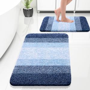 OLANLY Bathroom Rug Set 2 Piece, Soft Absorbent Microfiber Bath Rug Set, Non-Slip, Machine Wash Dry, Plush Shaggy Bath Mats for Bathroom (30"x20"+24"x16", Navy)