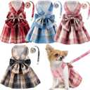 4 Pcs Cute Plaid Dog Dress Set with Bow Tie Harness & Leash for Small Dogs, Puppy Clothes for Girls Summer Outfits, (S,Dark Color)