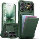 SSLOTSCASE for iPhone 17 Case with 2X Glass Screen Protector, HD Clarity Anti-Scratch, Card Holder & Kickstand & Slide Lens Cover, Rugged Sturdy Hard Women Men Phone Cover for iPhone 17 6.3'', Green