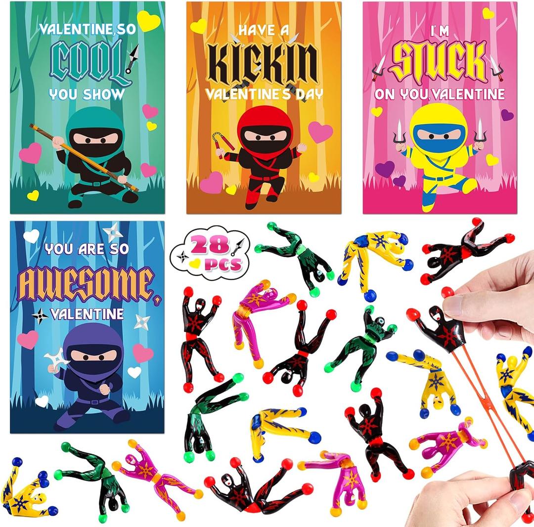 SpringFlower 28 Pack Valentine's Day Cards for Kids, Valentines Greeting Cards With Sticky Wall Climbing Men Ninja Toys for Boys Girls School Classroom Gifts Exchange, Valentine's Prizes Party Favors