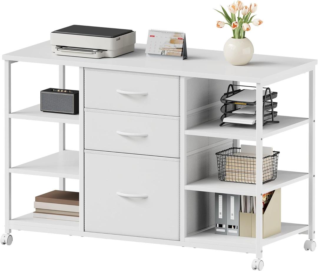 Mobile File Cabinet,Lateral Filing Cabinet with 3 Fabric Drawers,Rolling Printer Stand with 4 Open Storage Shelf for Home Office, White