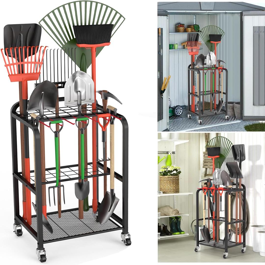Trieez Garden Tool Organizer for Garage, Yard Tool Organizer Garage w/Wheels for Garage Organization and Storage - Sturdy Yard Tool Holder, Garage Tool Rack, for Garage, Shed, Outdoor, Tool Stand