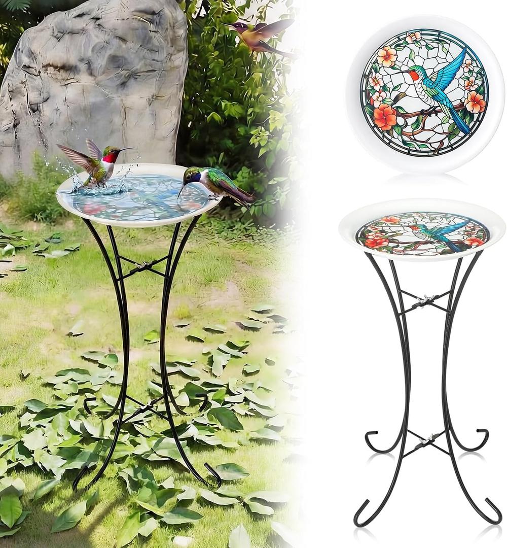 LEIFIDE 23 inch Metal Bird Bath for Outside Birdbath Bowl Topper with Foldable Pedestal Metal Stand Hummingbird Pattern Bowl Freestanding Birdbaths Birdfeeder for Outdoors Patio Yard Lawn Decor