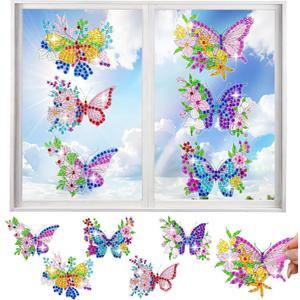 LINGFANG 6 Pcs Diamond Art Stained Glass Window Clings with Diamond DIY Pen Tools, Diamond Painting Window Stickers for Suncatchers, Diamond Art Kits for Adults, Diamond Art Accessories (Butterfly 6)
