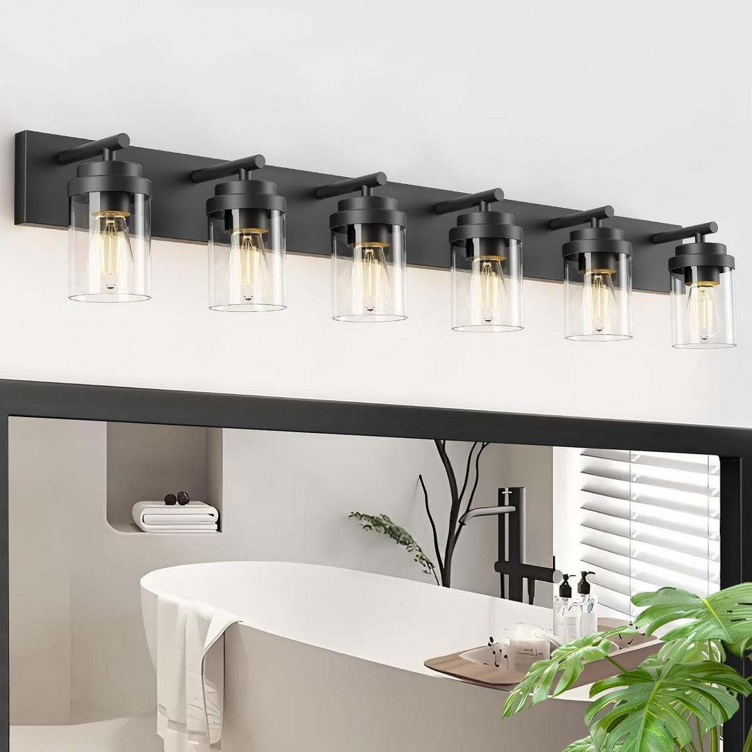 IZORRO Bathroom Vanity Light Fixture, 6-Light 46 Inch Matte Black Bathroom Light Fixtures Over Mirror, with Clear Glass Shade, Modern Farmhouse Vanity Lights, Rustic Restroom Lighting Fixtures