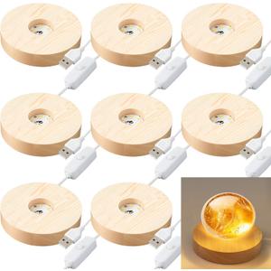8 Pack Wooden LED Light Display Base with Switch, 3.9 Round Warm Light Stand for Crystal Glass Ball Figurine, USB Powered Lighted Holder for Resin Crafts, Art Decoration