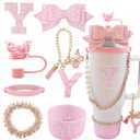 8PCS Stanley Cup Accessories set for 40oz & 30oz Tumbler with Handle,Including Straw Topper,Boot,Water Bottle Handle Strap,Straw Bow Decorate,Bracelets,Letter Charm,Initials Sticker,Cup Ring（Pink Y）