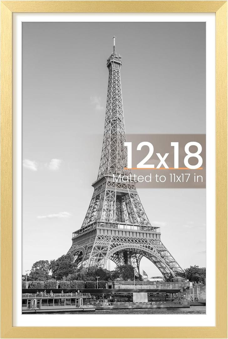 upsimples 12x18 Picture Frame, Display Pictures 11x17 with Mat or 12 x 18 Without, Wall Hanging Poster Frames, Gold, 1 Pack
