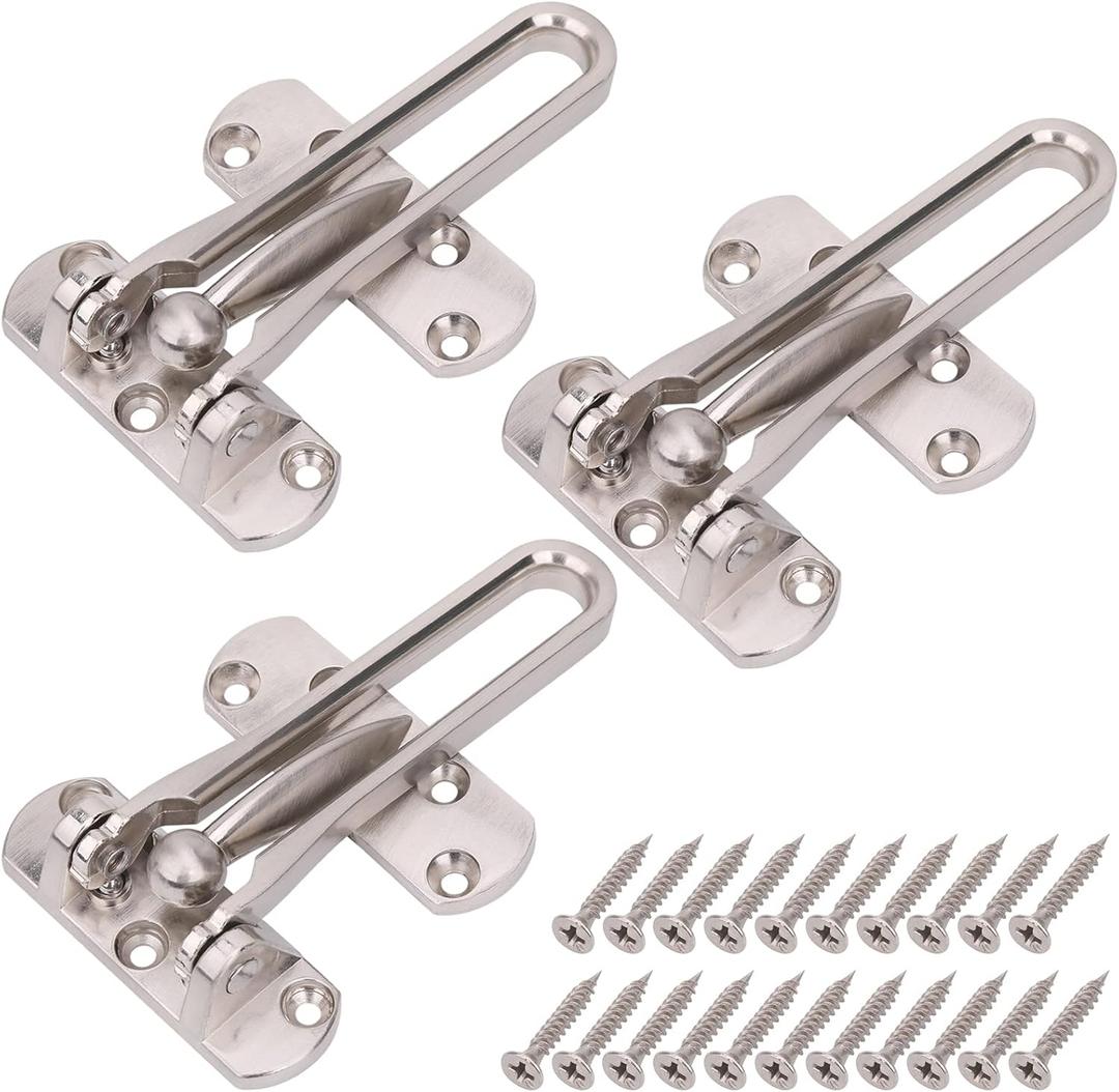 3Pack Home Security Swing Bar Door Lock Latch for Hinged Swing-in Doors - Secondary Security Door Latch Guard Clasp for Kids Home Hotel Apartment, Hotel Door Latches, Thicken Solid Zinc Alloy, Silver (White)