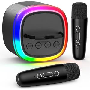 Karaoke Machine, Mini Bluetooth Speaker with 2 Wireless Microphones, Disco Lights Karaoke Home Party, Xmas Birthday Gifts for Singing