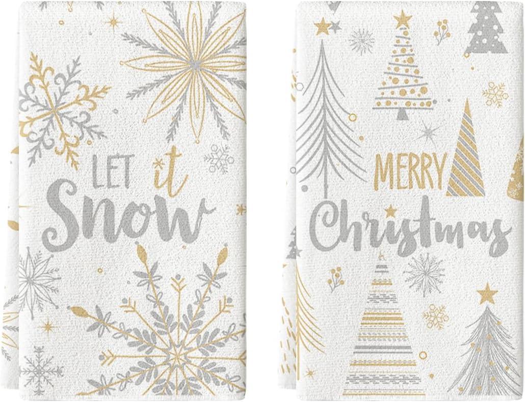 Artoid Mode Snowflake Xmas Trees Merry Christmas Kitchen Towels Dish Towels, 18x26 Inch Farmhouse Holiday Winter Decoration Cleaning Set of 2
